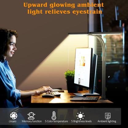 AKRRYR LED Desk Lamp for Home Office, Double Head 24W with Base, Architect Light 5 Lighting Brightness Flexible Gooseneck Table Reading Study, Black