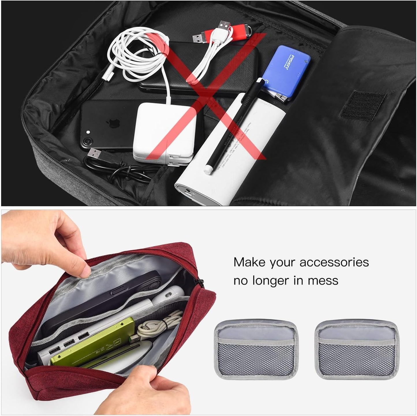 imComor Universal Electronics Accessories Case, 2-Pack Portable Soft Carrying Case Bag Wire Cable Organizer for Hard Drive, Power Adapter, Laptop Mouse, Cosmetics Kit, Small+Big-Black