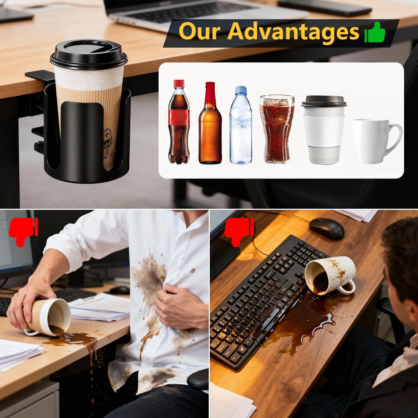 Desk Cup Holder Clip On 360° Rotating Clamp,Deeper Anti-Spill Drink Holders for Water Bottles & Coffee Mugs,Adjustable Clamp Fits Screw On Table for Drinks,Office,Gaming Desk,Home,Black