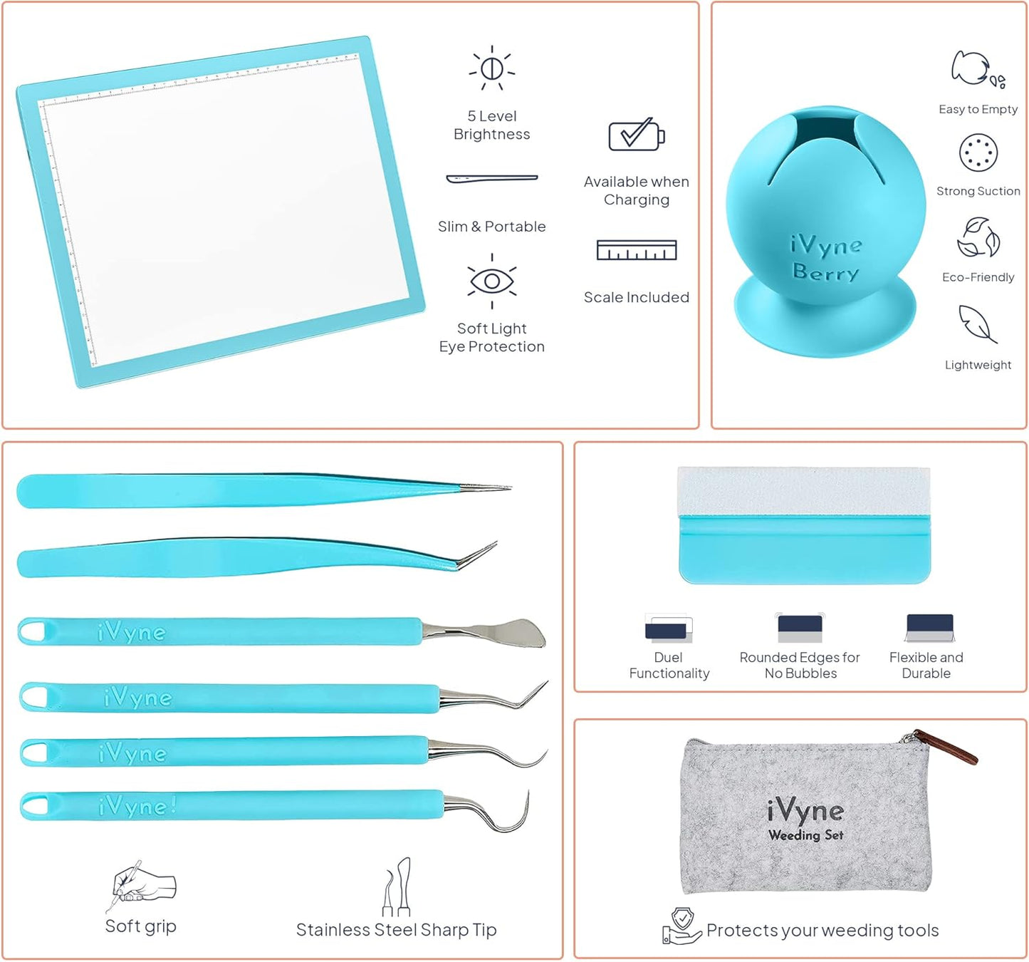 iVyne Complete Set Rechargeable A4 Light Pad, Weeding Tools for Vinyl, Scrap Collector for Cricut and Silhouette Machines for Every Tracing, Drawing Projects (Green)