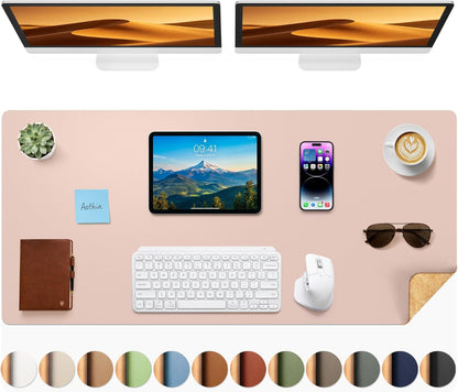 Aothia Dual-Sided Desk Pad - 25.6x13.7 inches Leather Desk Mat, Natural Cork Desk Pad Protector, Large Mouse Pad for Desk, Waterproof Desk Blotter Pad, Desk Writing Pad for Office Work/Home, Black