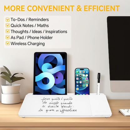 Small Glass Desktop Whiteboard Dry Erase Board with Wireless Charger Station - Computer Pad Keyboard Stand with Organizer for Home, School, Office Desk Accessories
