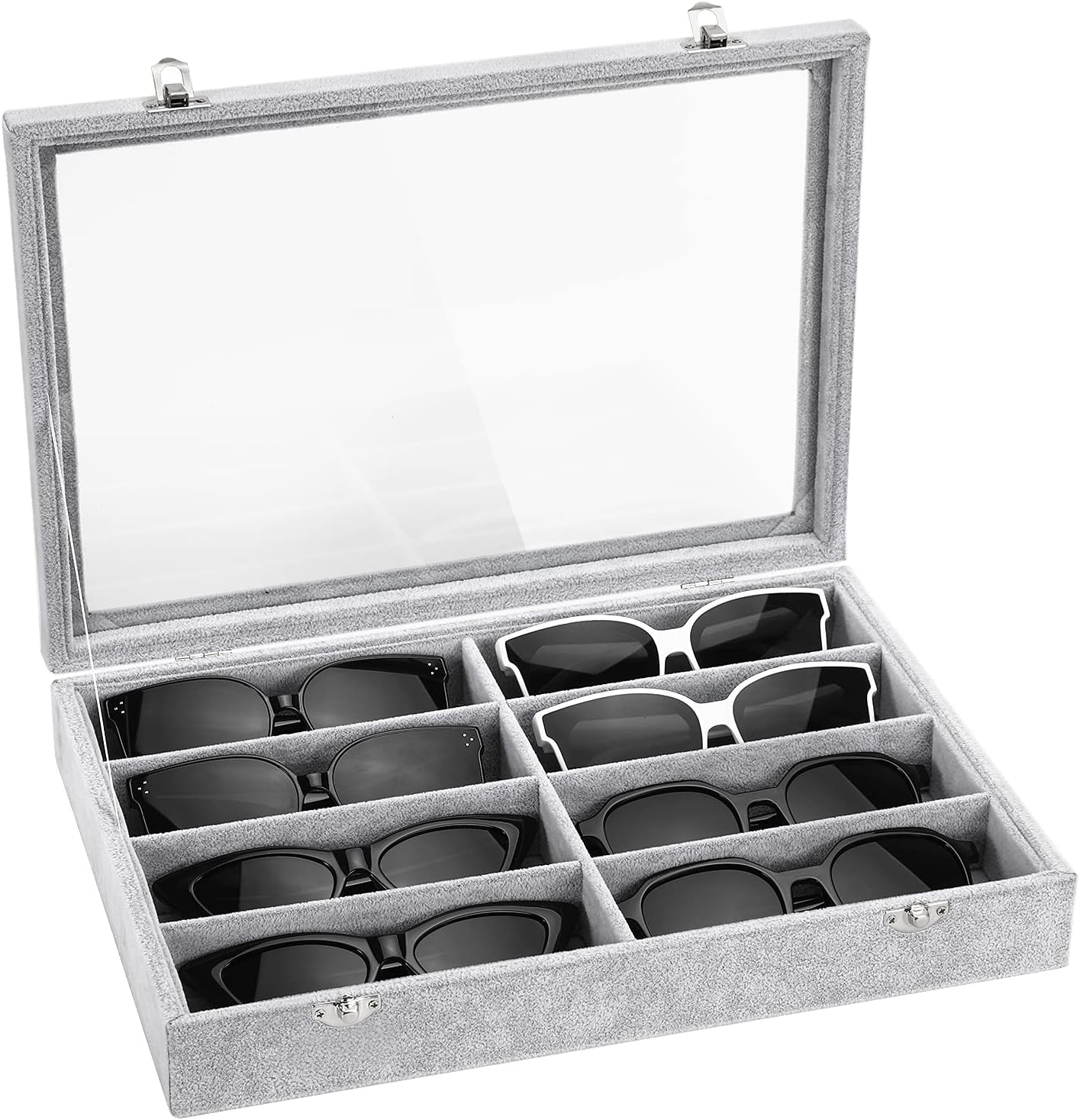 Emibele Glasses Organizer Jewelry Tray, 8 Grids with Clear Lid Velvet Tray Watch Storage Stackable Jewelry Showcase Display Storage with Detachable Inner Dividers, Beige