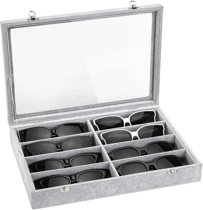 Emibele Glasses Organizer Jewelry Tray, 8 Grids with Clear Lid Velvet Tray Watch Storage Stackable Jewelry Showcase Display Storage with Detachable Inner Dividers, Beige