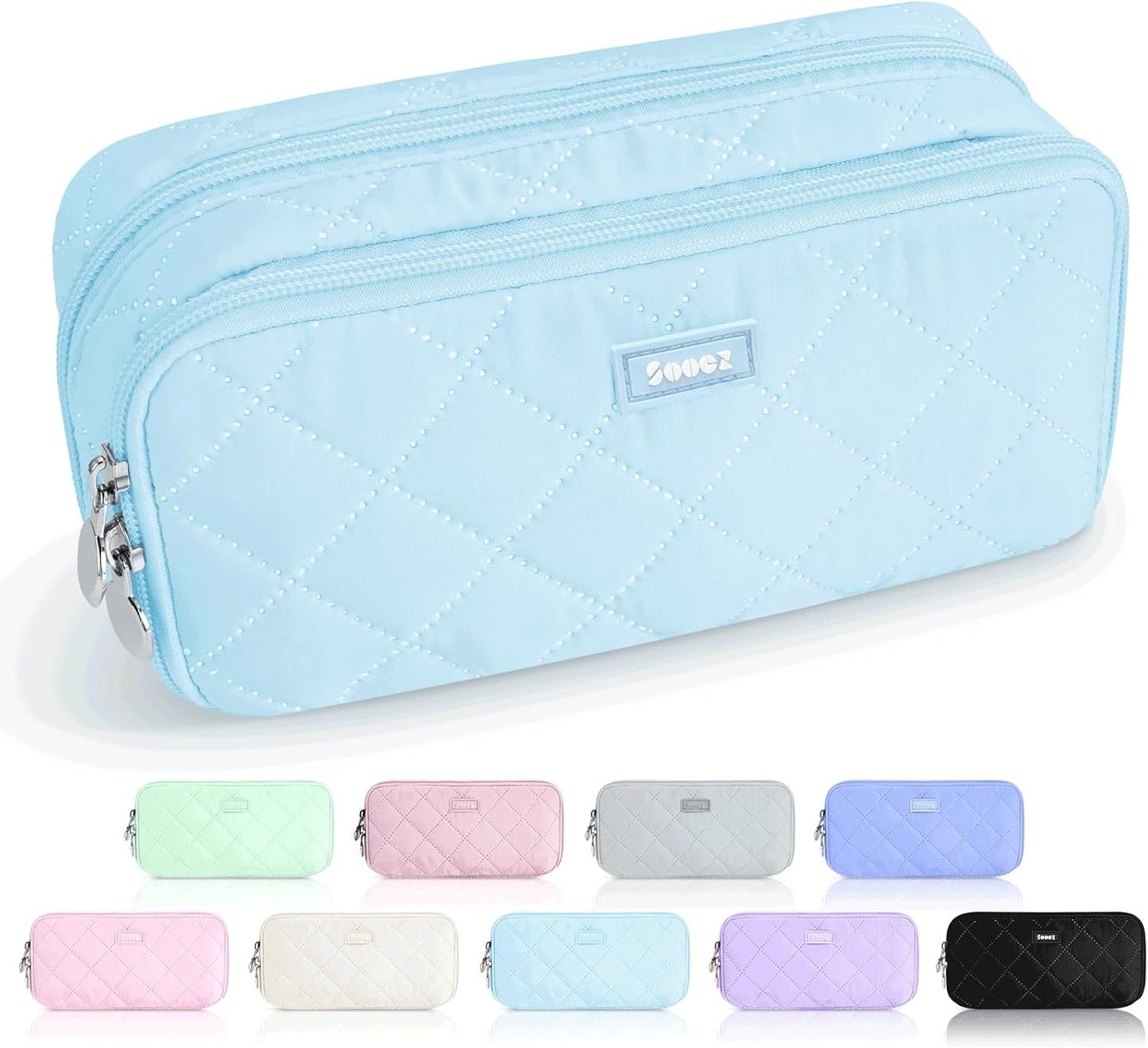 Sooez Large Pencil Case Pouch, Extra Big Pencil Bag with 8 Compartments, Pen Bag Wide Opening, Soft Quilted Pencil Pouch Organizer with Zipper, Portable Pencil Case for Teen Girls, Pink