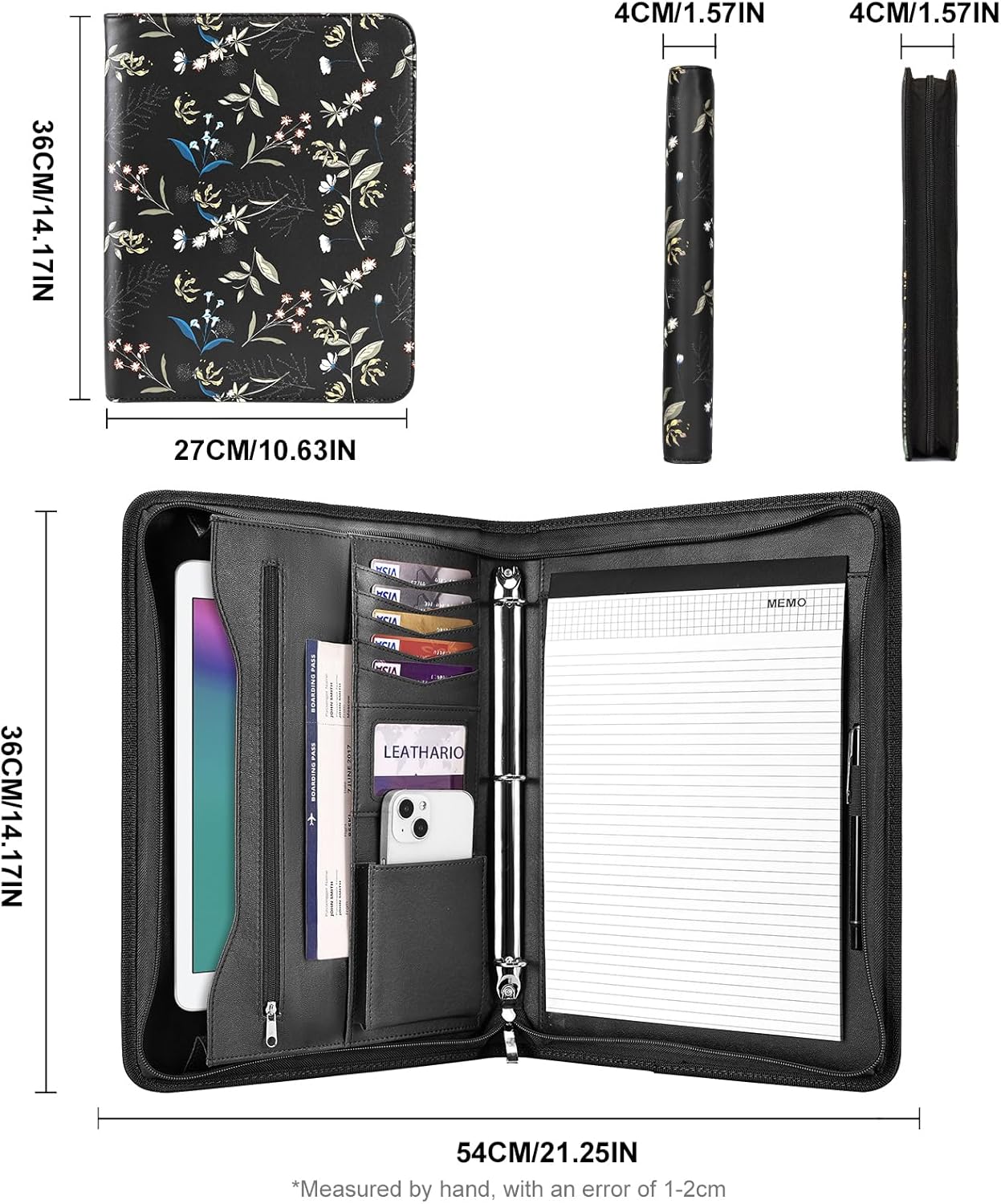 Leathario Portfolio Binder, Includes 10 Sheet Protectors and 3 Notepads, 3-Ring Folder Organizer, A4 Padfolio with Zipper, Vegan Leather Tablet Sleeve, Business Office Conference Clipboards