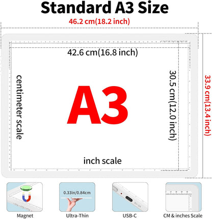 Phylosal Magnetic A3 Light Pad with Bag, Super Bright Light Box with Side Button, Diamond Art Light Board, Lightbox for Tracing and Drawing, USB Power Light Table for Sketching, Weeding Vinyl (White)