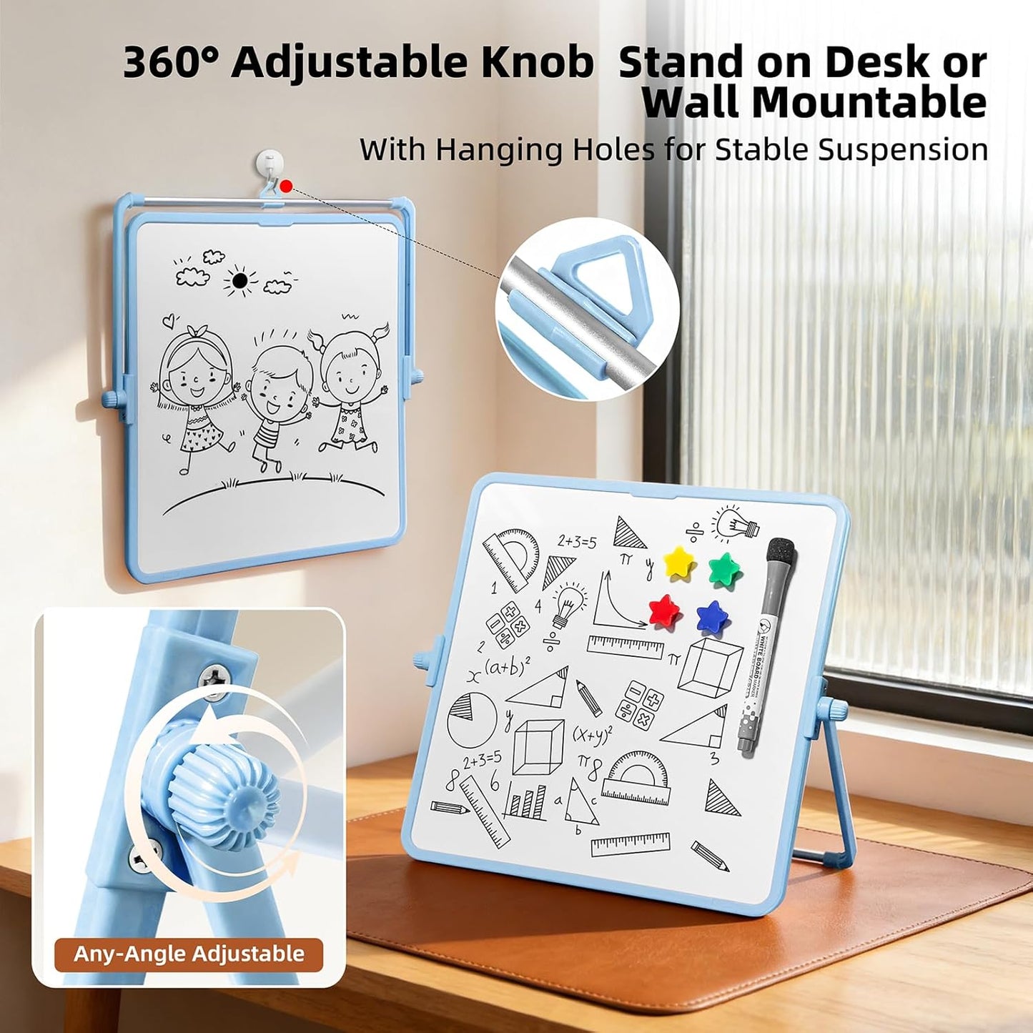 Colorful Dry Erase White Board 8.3x11in, Magnetic Desktop Board with Stand, 2 Markers (Eraser Head), 4 Magnets - Double-Sided Easel for Daily Planning, Memo, Office/Home/School (Blue)