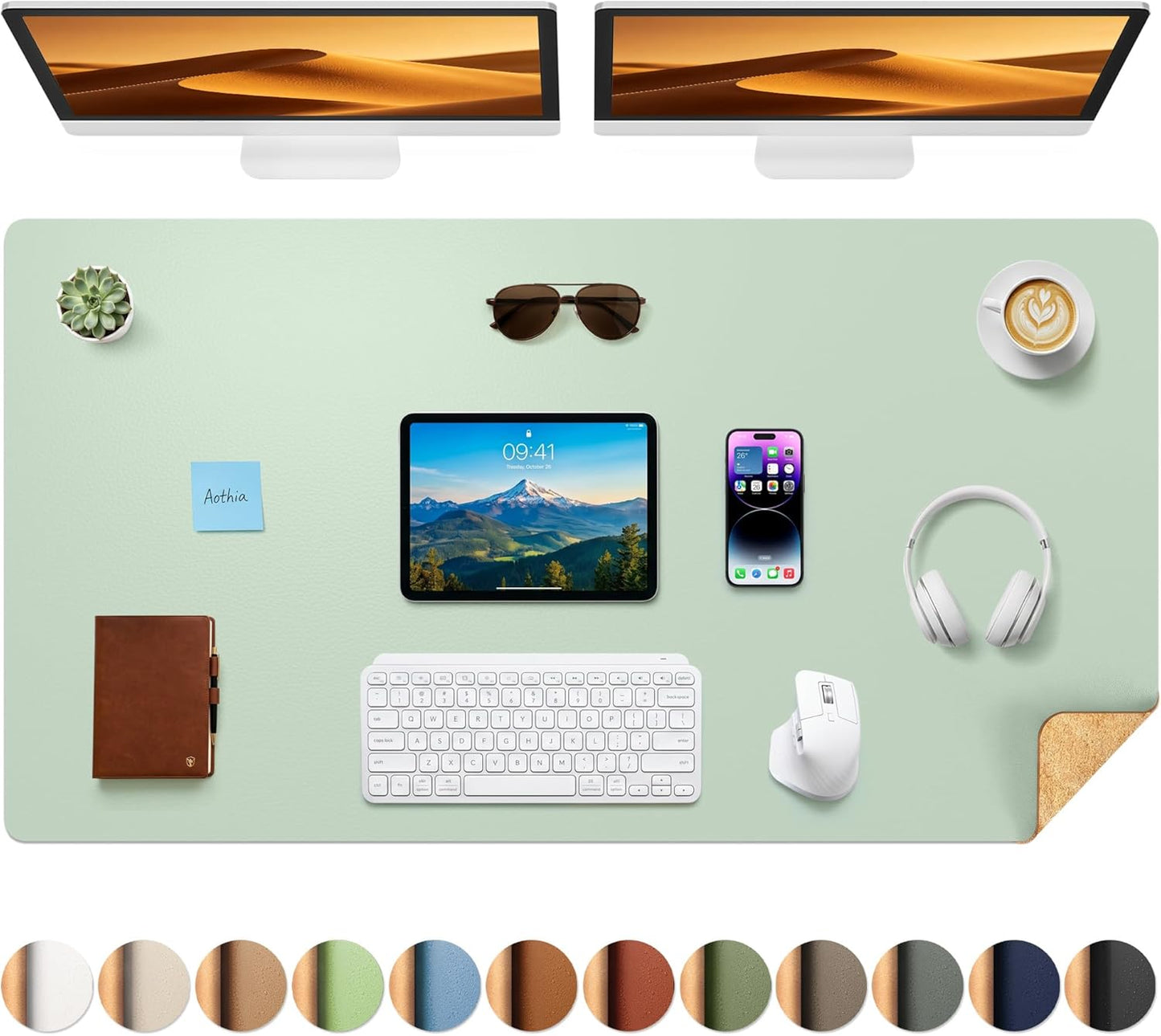 Aothia Dual-Sided Desk Pad - 25.6x13.7 inches Leather Desk Mat, Natural Cork Desk Pad Protector, Large Mouse Pad for Desk, Waterproof Desk Blotter Pad, Desk Writing Pad for Office Work/Home, Black