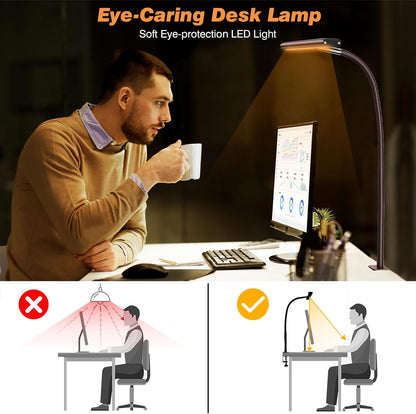 Airlonv LED Desk Lamp for Office Home, Eye-Caring Desk Light with Stepless Dimming Adjustable Flexible Gooseneck, 10W USB Adapter Desk Lamp with Clamp for Reading, Study, Workbench (Black)