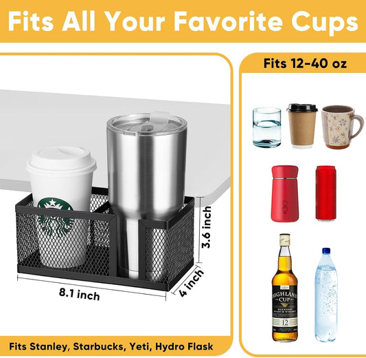 Dual Slots Clip On Metal Desk Cup Holder, Fits up to 40oz cups – No Spill Clamp for Table, Bed, Chair – Large Adjustable Drink Holder for Yeti, Hydro Flask, Starbuck – Mountable Cup Attachment - Black