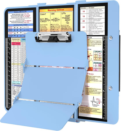 Nursing Clipboard Foldable, Foldable Clipboard w/Nursing Edition Cheat Charts,3 Layers Aluminum, Nurse Clip Board w/Low Profile Clip&Pen Clip Pocket for Nurses and Doctors,Light Blue
