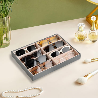 Frebeauty Sunglass Organizer,PU Leather Glasses Organizer,8-Slot Sunglasses Tray,Men's/Women's Sunglasses Box,Sunglass Case,13.3 x 9.6 x 1.5 Inches,Eyeglass/Eyewear Display Tray(Grey)