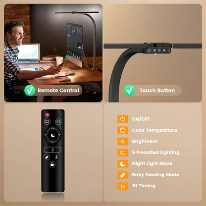 SIBRILLE LED Desk Lamp for Home Office - Dimmable Computer Desk Light with Clamp, Modern Architect Task Lamp with Color Changing, Flexible Desktop Lamp with Gooseneck for Monitor, Double Head, White