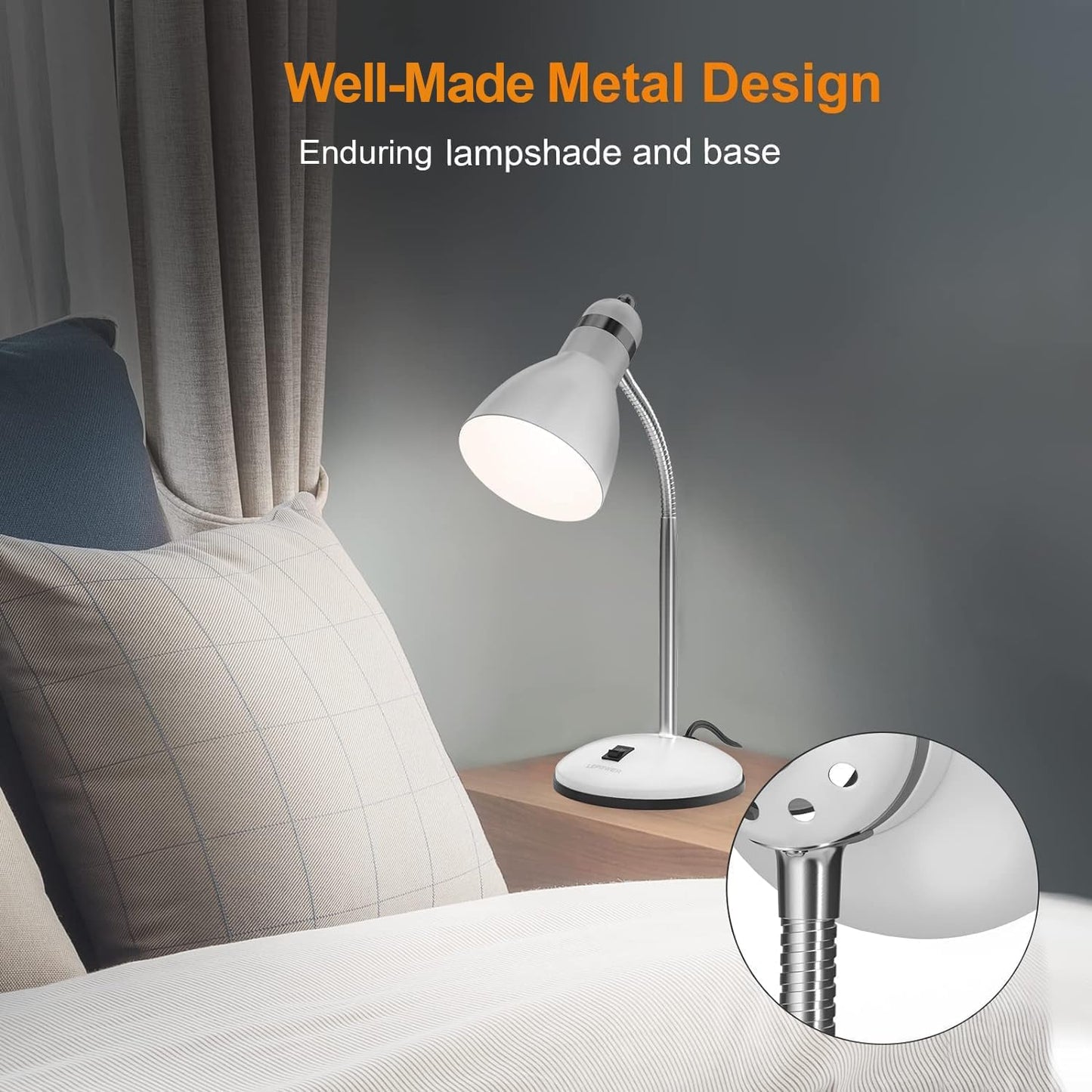 LEPOWER Metal Desk Lamp, Eye-Caring Table Lamp, Study Lamps with Flexible Goose Neck for Bedroom, Home Office (Matte Black)