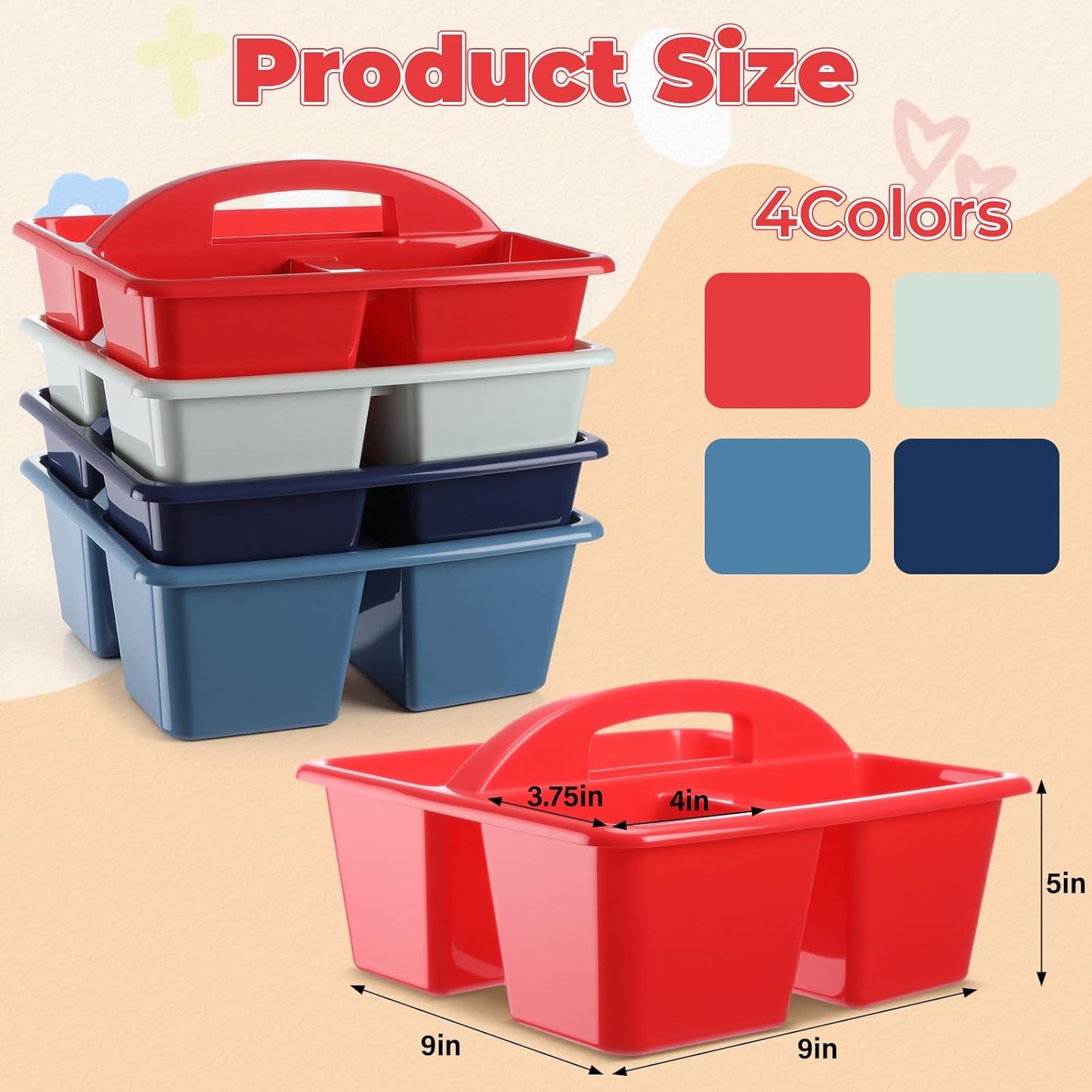 Kathfly 4 Pack Caddy Organizer with Handle, Stackable Organization Storage, Small Plastic Basket Classroom Caddy for Table Desk Office Pencil Kids Room Craft Art Teacher School Supplies (Blue Orange)