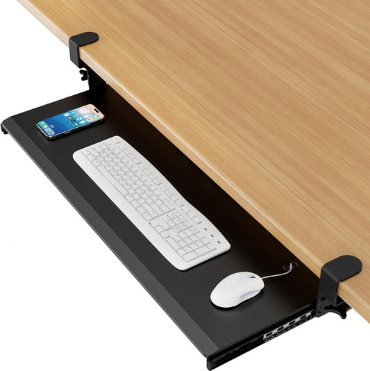AX WABER Keyboard Tray Under Desk Pull Out with Extra Sturdy C Clamp Mount System, 27.3 (32.5 inch Including Clamps) x 11 Inch Slide-Out Platform Computer Drawer for Typing White AX01WW01