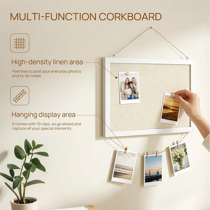 DOLLAR BOSS Bulletin Boards with Linen 1-Pack 16''X 12'' Double-Sided Cork Board for Walls Wood Framed Bulletin Boards, Small Pin Board for Home Kitchen Office Decorative Hanging 10 Pushpins