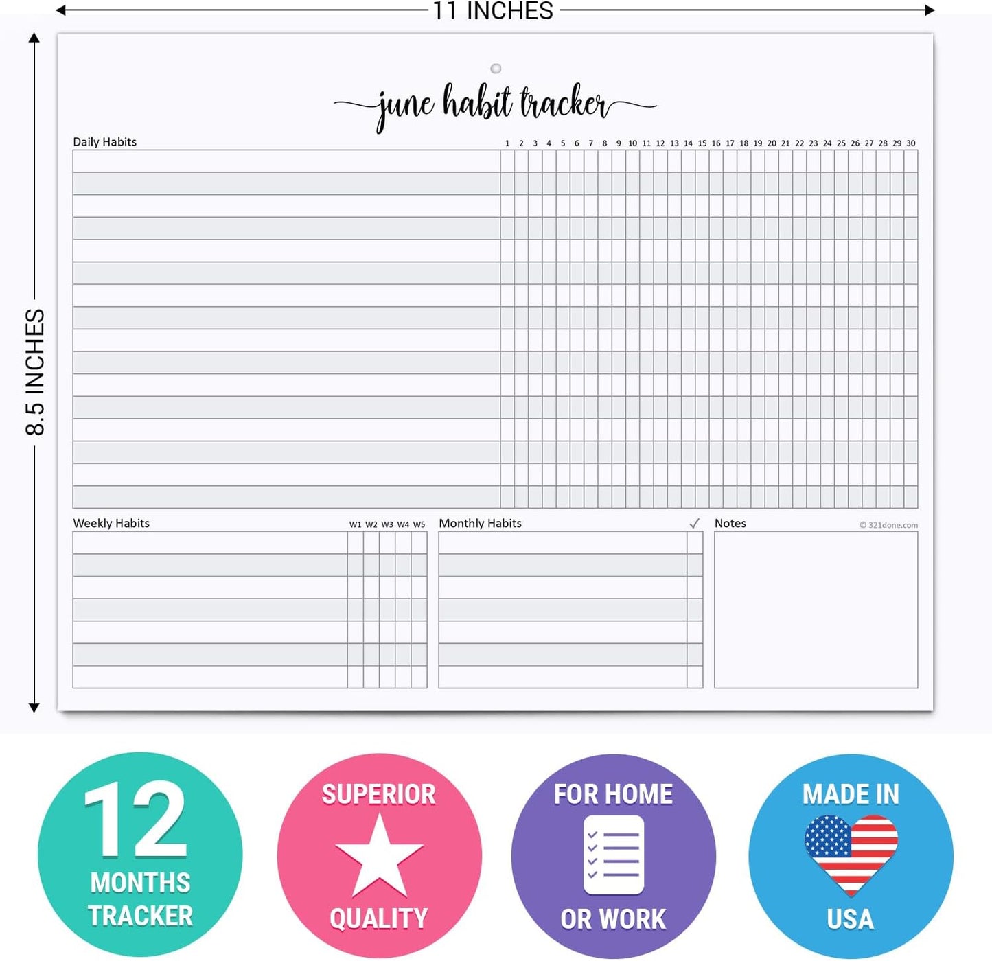 321Done Habit Tracker Calendar, Made in USA - 12 Months Wall Hanging Productivity Journal 8.5x11, Spiral Binding Undated Motivational Monthly Planner to Track Habits and Goals