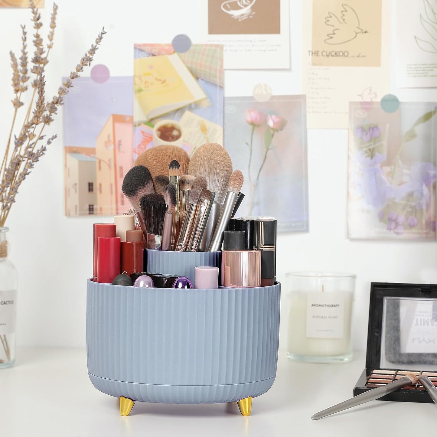 SKYDUE 360 Rotating Plastic Desk Pen Organizer with 5 Slots, Dual-Purpose Art Supply Pencil Cup for Office, School, Home