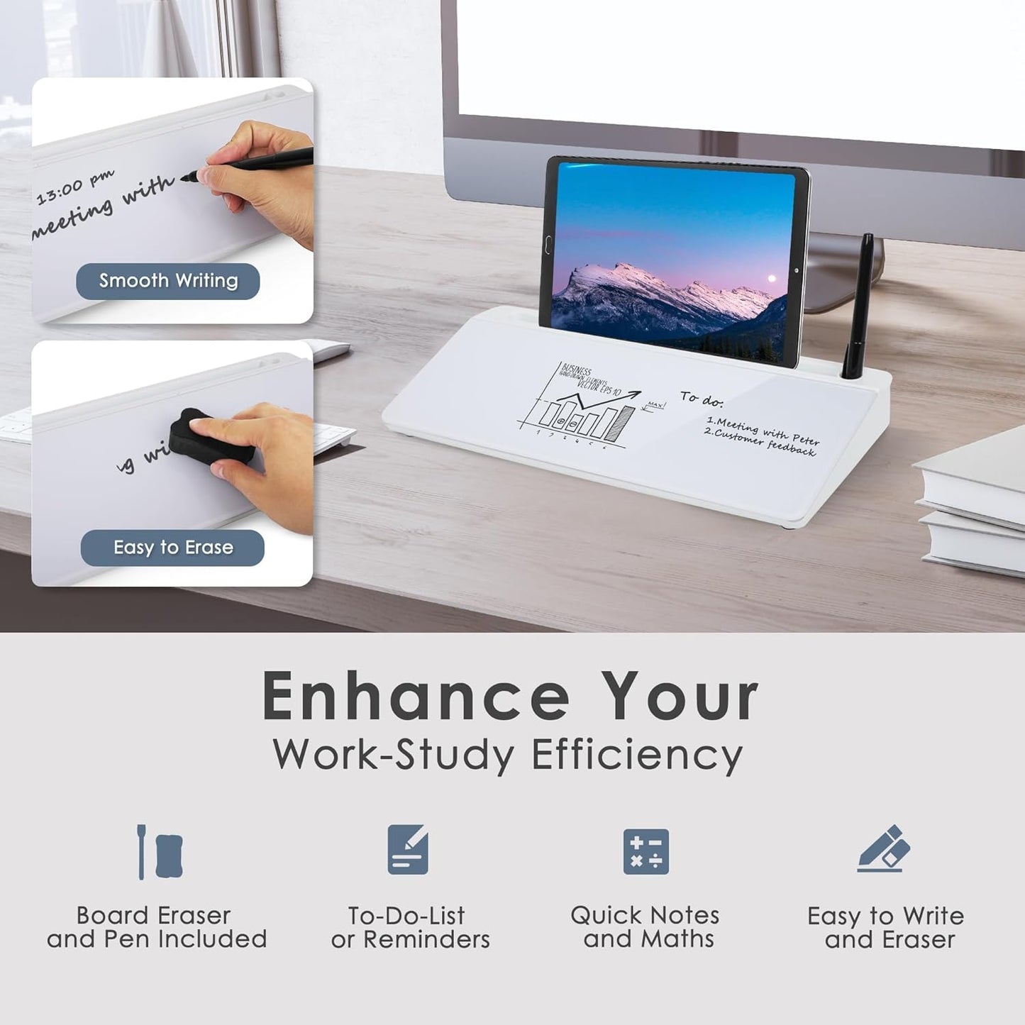 SHANTRA 16'' x 7'' Desktop Whiteboard with Fast Charger Station & Adjustable LED Lamp, Pink Desk Dry Erase Board with Organizer, Computer Pad & Keyboard Stand for Home, School, Office Desk Accessories