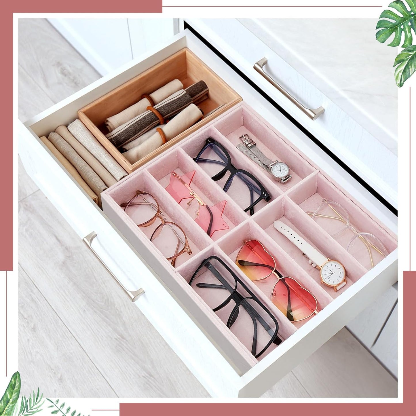 Amylove 2 Pcs Sunglass Organizer Trays Glasses Stackable Jewelry Trays Sunglass Organizer Display Box(8 Grids,Beige)
