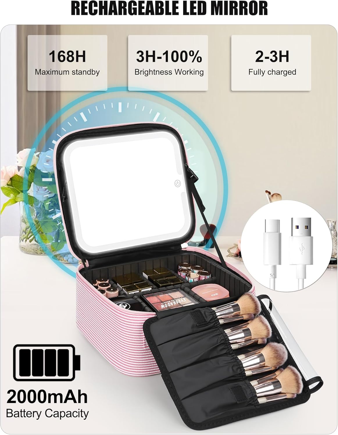 Relavel Travel Makeup Bag With LED Mirror, Cosmetic Train Case with Light up Mirror, Portable Makeup Artist Organizer Bag with Adjustable Dividers, Makeup Brush Holder Storage, Black