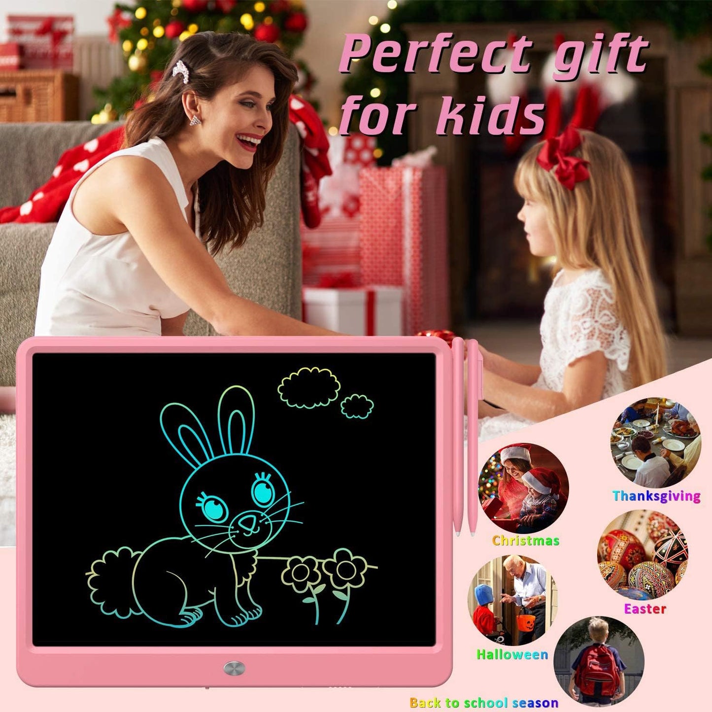 FLUESTON LCD Writing Tablet for Kids, 10 Inch Doodle Board, Colorful Drawing Pad for Toddler, Educational Travel Toy Gifts for 3-8 Year Old Girls Boys, Erase Lock Writing Board - Pink