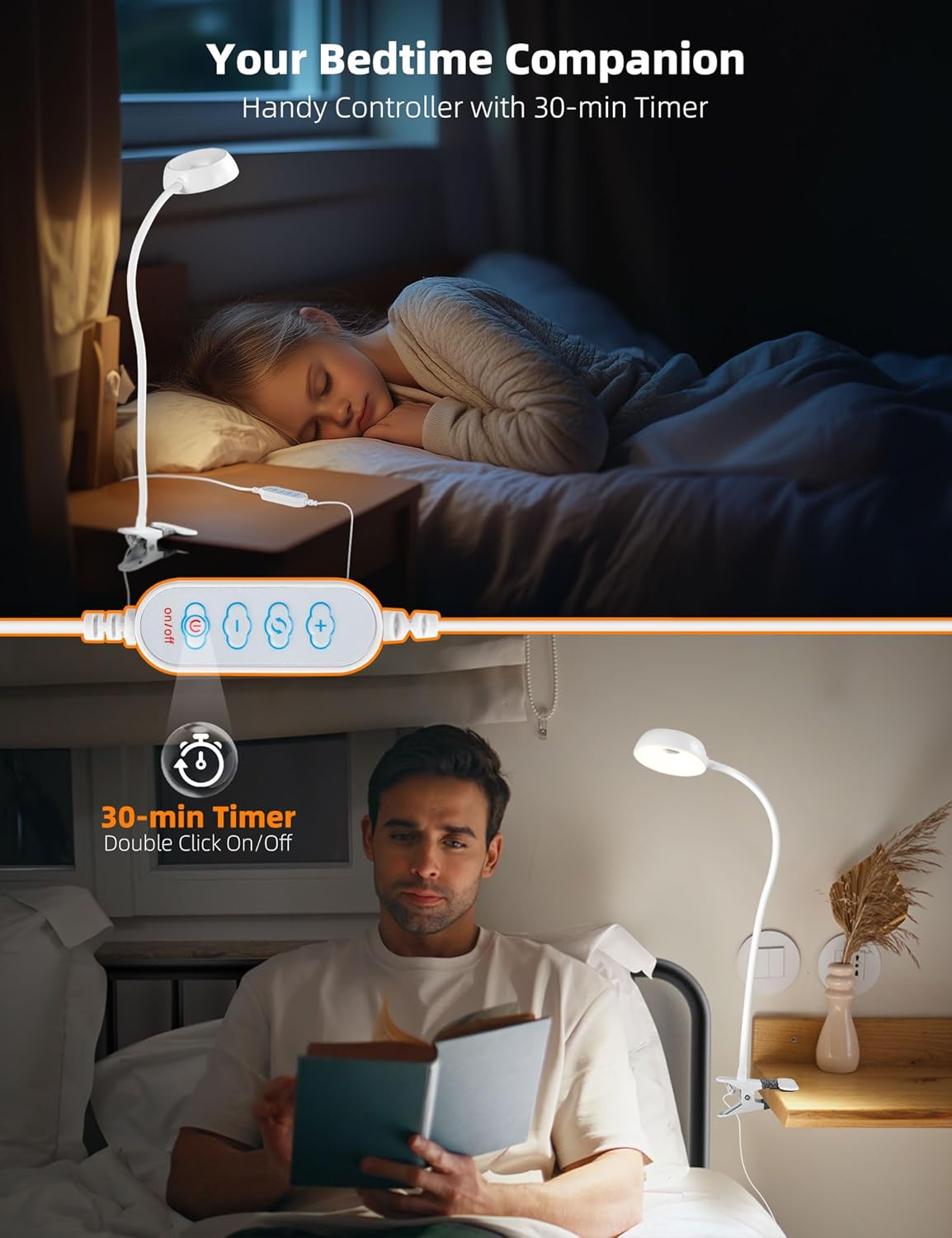 LiFMIRA Reading Light for Beds Headboards, Clip on Light LED Reading Book Light with Clamp Eye-Friendly Desk Lamp 3 Color Modes & 10 Brightness Flexible Reading Lights for Books in Bed Bedside Black