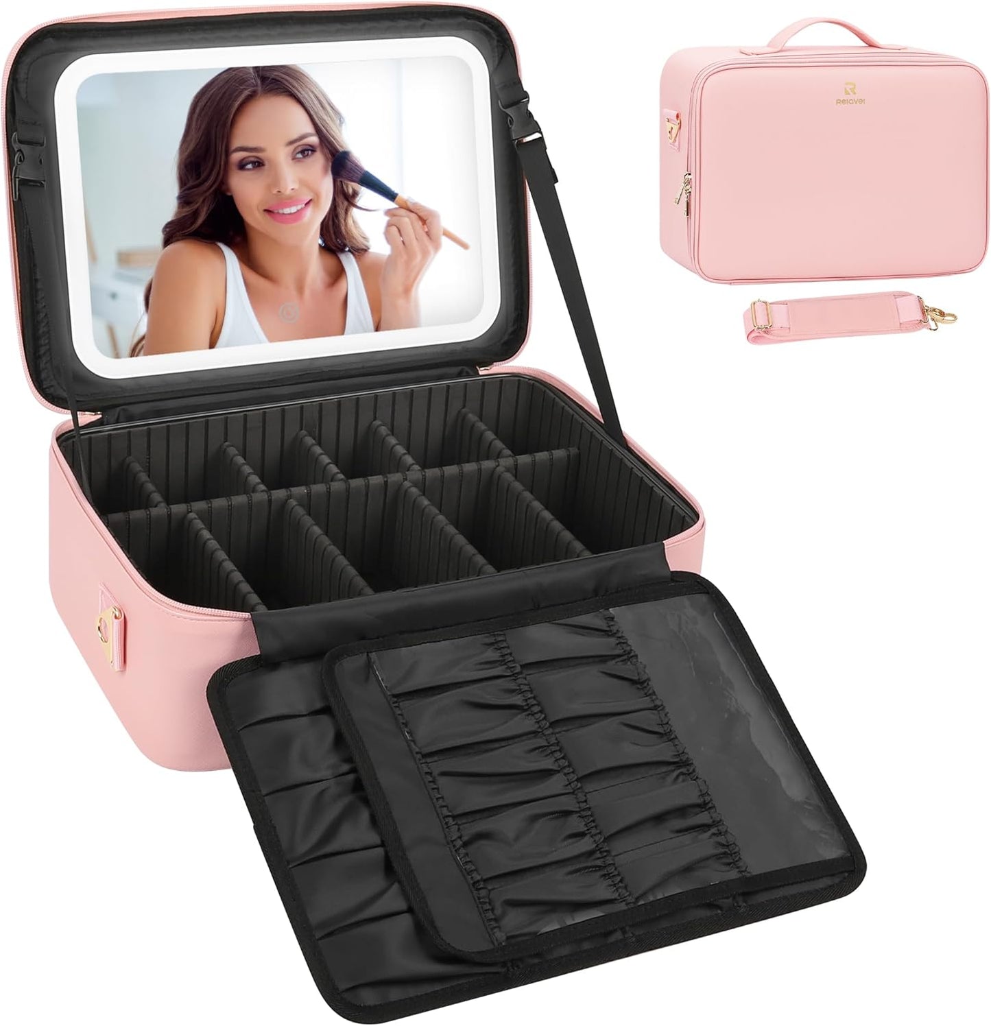 Relavel Travel Makeup Bag With LED Mirror, Cosmetic Train Case with Light up Mirror, Portable Makeup Artist Organizer Bag with Adjustable Dividers, Makeup Brush Holder Storage, Black
