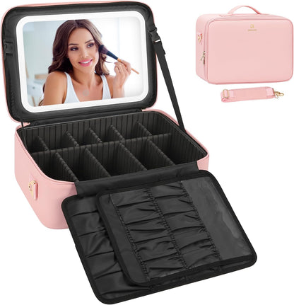 Relavel Travel Makeup Bag With LED Mirror, Cosmetic Train Case with Light up Mirror, Portable Makeup Artist Organizer Bag with Adjustable Dividers, Makeup Brush Holder Storage, Black