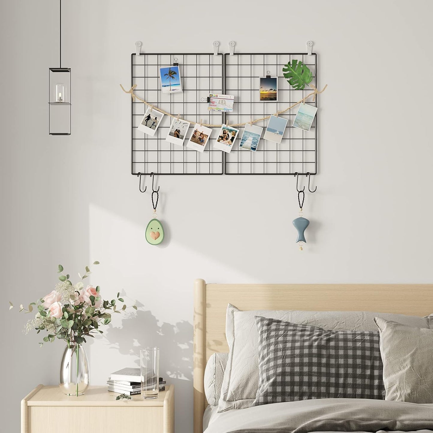C&AHOME Photo Wall Display Set of 2, Grid Panel with Hooks, Clips, Hemp Cord, Hammer - 15.7" x 11.8", White UWWGM3402W