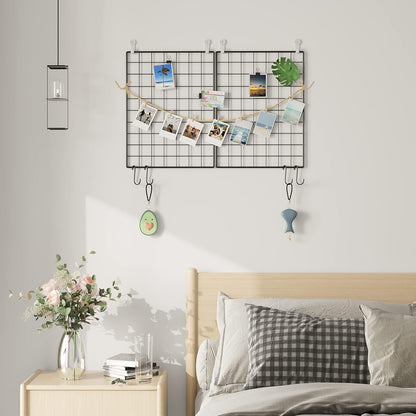 C&AHOME Photo Wall Display Set of 2, Grid Panel with Hooks, Clips, Hemp Cord, Hammer - 15.7" x 11.8", White UWWGM3402W
