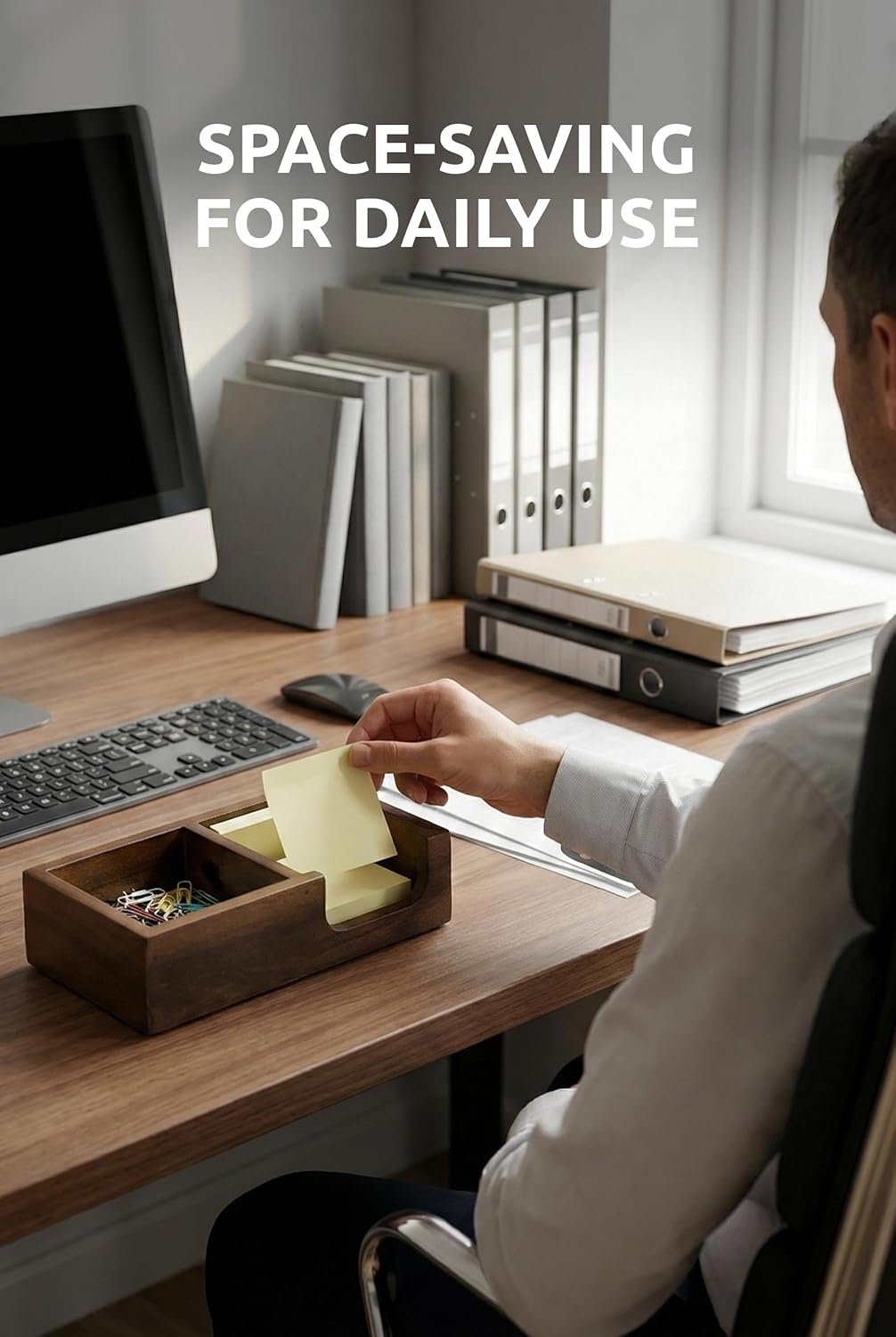 Demigo Wooden Sticky Note Holder for Desk – Solid Acacia Wood Organizer for 3x3 Note Pads, Paper Clips, Office Supplies – Compact Memo Pad Holder for Home Office, Teachers