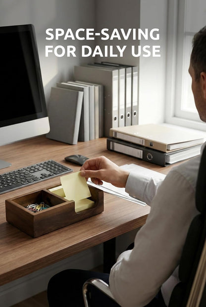 Demigo Wooden Sticky Note Holder for Desk – Solid Acacia Wood Organizer for 3x3 Note Pads, Paper Clips, Office Supplies – Compact Memo Pad Holder for Home Office, Teachers