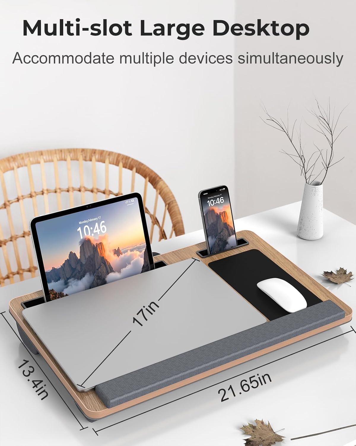Potuopy Lap Desk - Up to 17” Laptop Tray with Wrist Rest, Portable Handle, Fixed Mouse Pad, Tablet & Phone Slots, Laptop Lap Desk with Cushion (Dark Brown)