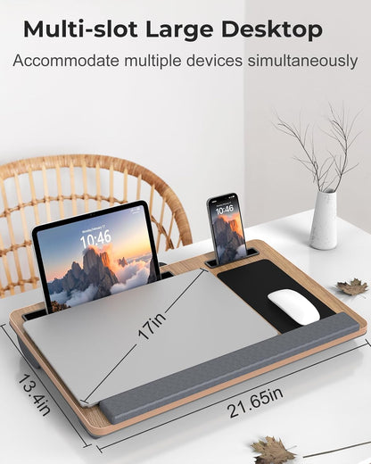Potuopy Lap Desk - Up to 17” Laptop Tray with Wrist Rest, Portable Handle, Fixed Mouse Pad, Tablet & Phone Slots, Laptop Lap Desk with Cushion (Dark Brown)