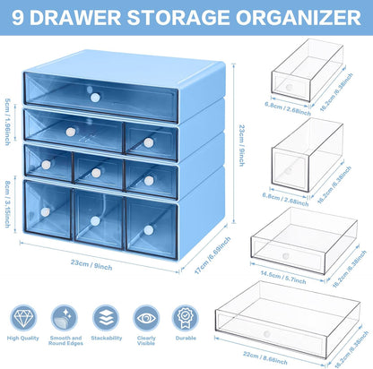 Desk Storage Organizer with 9 Drawers, 4 Tiers Stackable Desktop Craft Storage Drawers, Clear Storage Box Caddy for Stationary Makeup Jewelry Office Craft Supplies (Green)