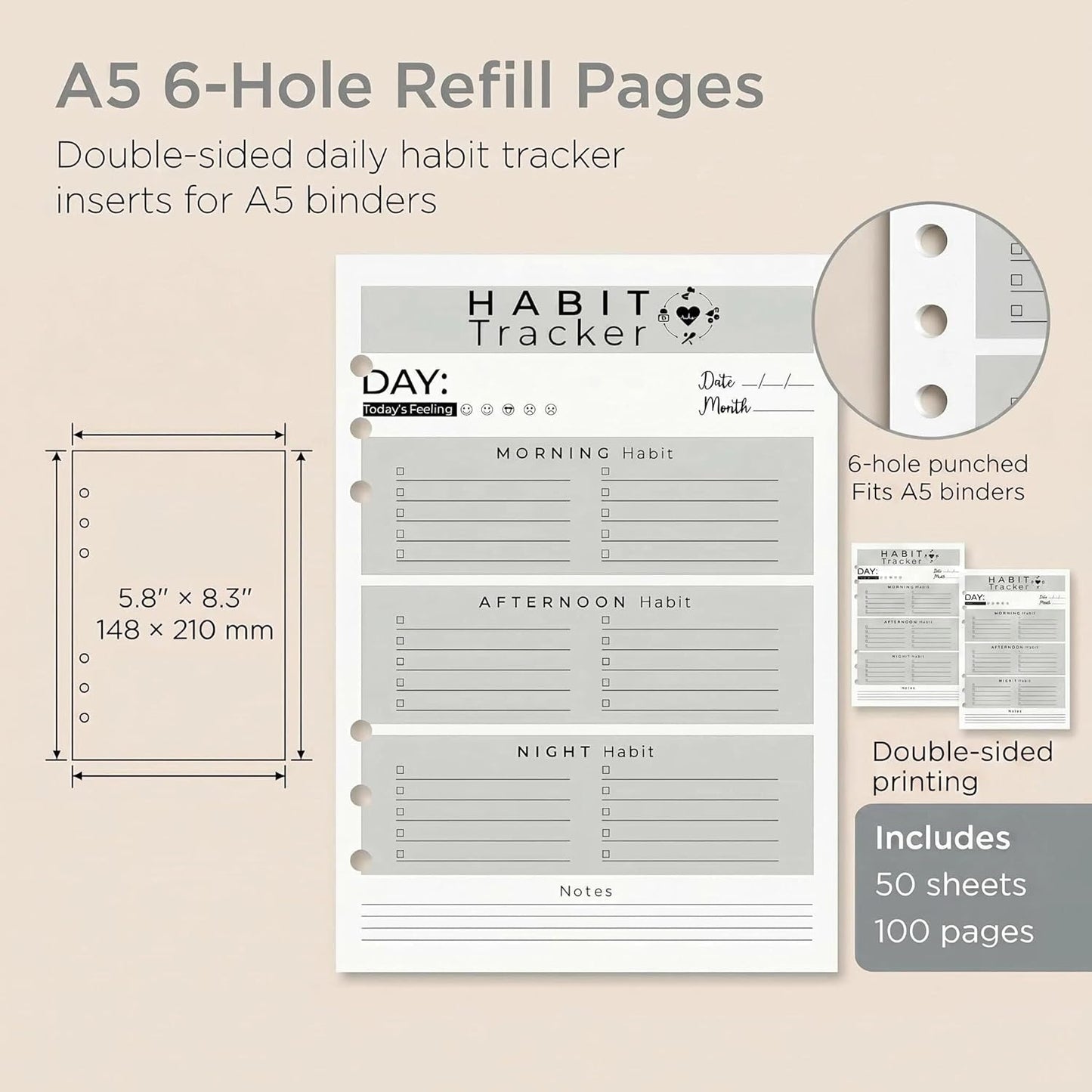 A5 Weekly Habit Tracker Inserts - Motivation & Rewards Pages for Weekly Goals and Consistency, Double-Sided 6-Hole Refill for A5 Binders, 50 Sheets, 100 Pages