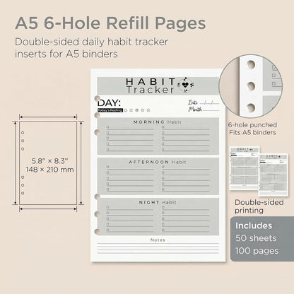 A5 Weekly Habit Tracker Inserts - Motivation & Rewards Pages for Weekly Goals and Consistency, Double-Sided 6-Hole Refill for A5 Binders, 50 Sheets, 100 Pages