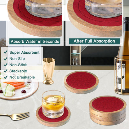 Wood Coasters for Drinks, Minacun Absorbent Coaster Sets of 5, Drinks Coasters for Coffee Tabletop Protection, Non-Slip, Non-Stick, Suitable for Kinds of Cups Wooden Table Drink, 4.3 Inches Black