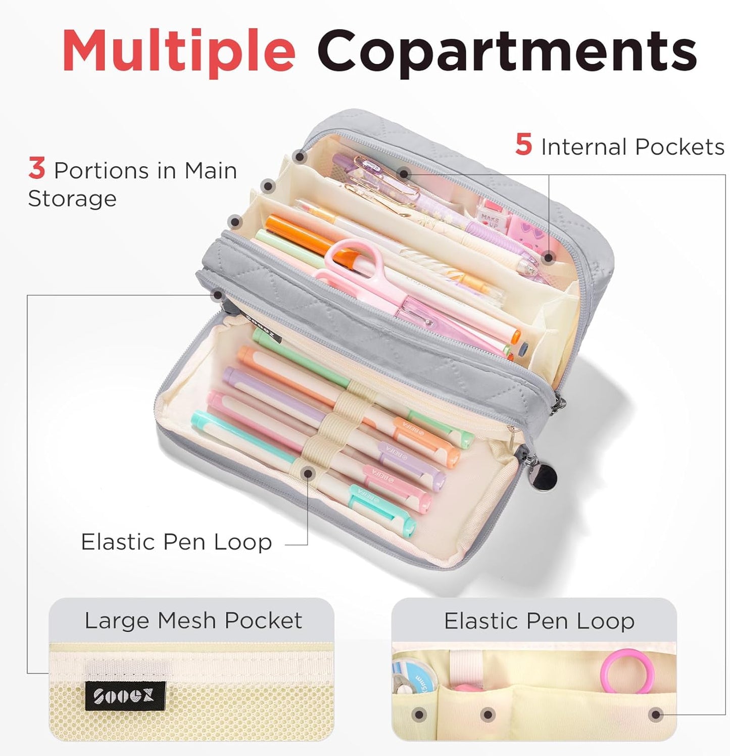 Sooez Large Pencil Case Pouch, Extra Big Pencil Bag with 8 Compartments, Pen Bag Wide Opening, Soft Quilted Pencil Pouch Organizer with Zipper, Portable Pencil Case for Teen Girls, Pink