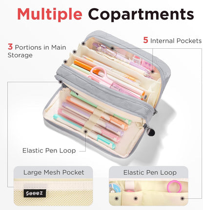 Sooez Large Pencil Case Pouch, Extra Big Pencil Bag with 8 Compartments, Pen Bag Wide Opening, Soft Quilted Pencil Pouch Organizer with Zipper, Portable Pencil Case for Teen Girls, Pink