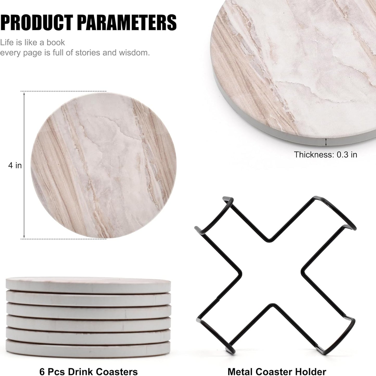 6Pcs Drink Coasters with Holder, Marble Style Ceramic Drink Coaster, Absorbent Coasters Set Suitable for Kinds of Cups, Modern Style Coaster for Coffee Table, 4 Inches
