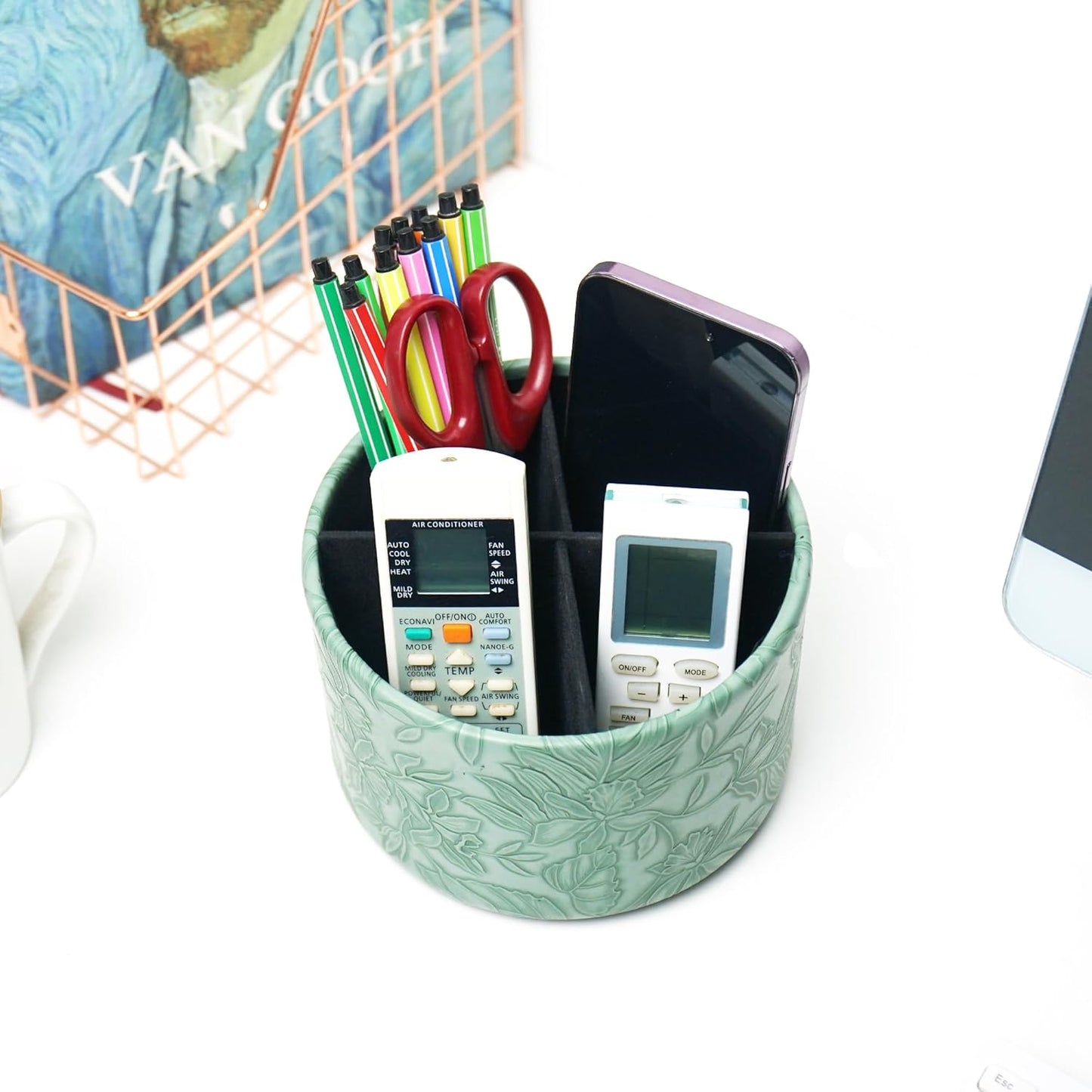 Round Leather Art Supply Organizer,Remote Control Holder,360 Degree Rotating,Multi-Functional Pencil Holder,4 Compartments Desktop Stationary Organizer(1-Fractal Flower) | Round - Colors C