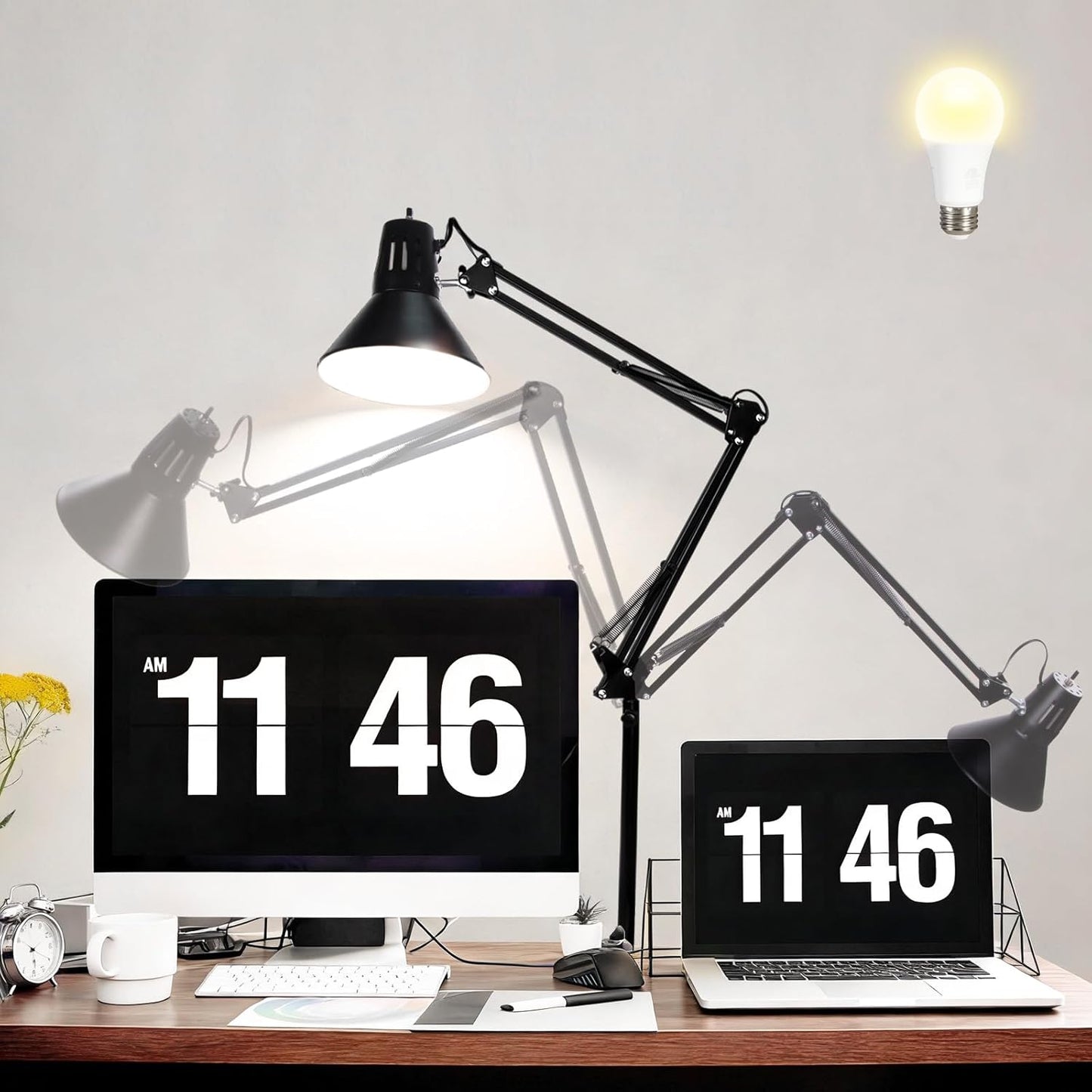 Desk Lamp With Clamp for Home Office, Eye-Caring Clip on Light with Adjustable Extra Tall Metal Swing Arm, High Intensity Clamp Lamp w/LED Bulb, Architect Task Table Lamps for Study, Workbench-B/5000k