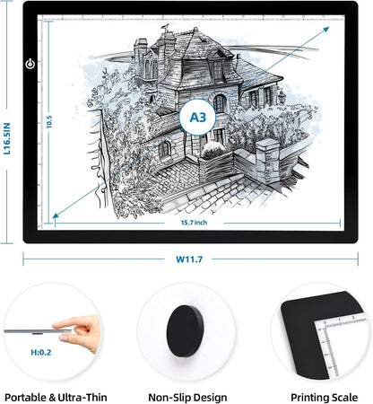 Black A4 Dimmable LED Artcraft Light Box Tracer Slim Light Pad Portable Tablet, USB Power Cable Copy Drawing Board Tracing Table for Artists Designing, Animation, Sketching, Stenciling X-ray Viewing