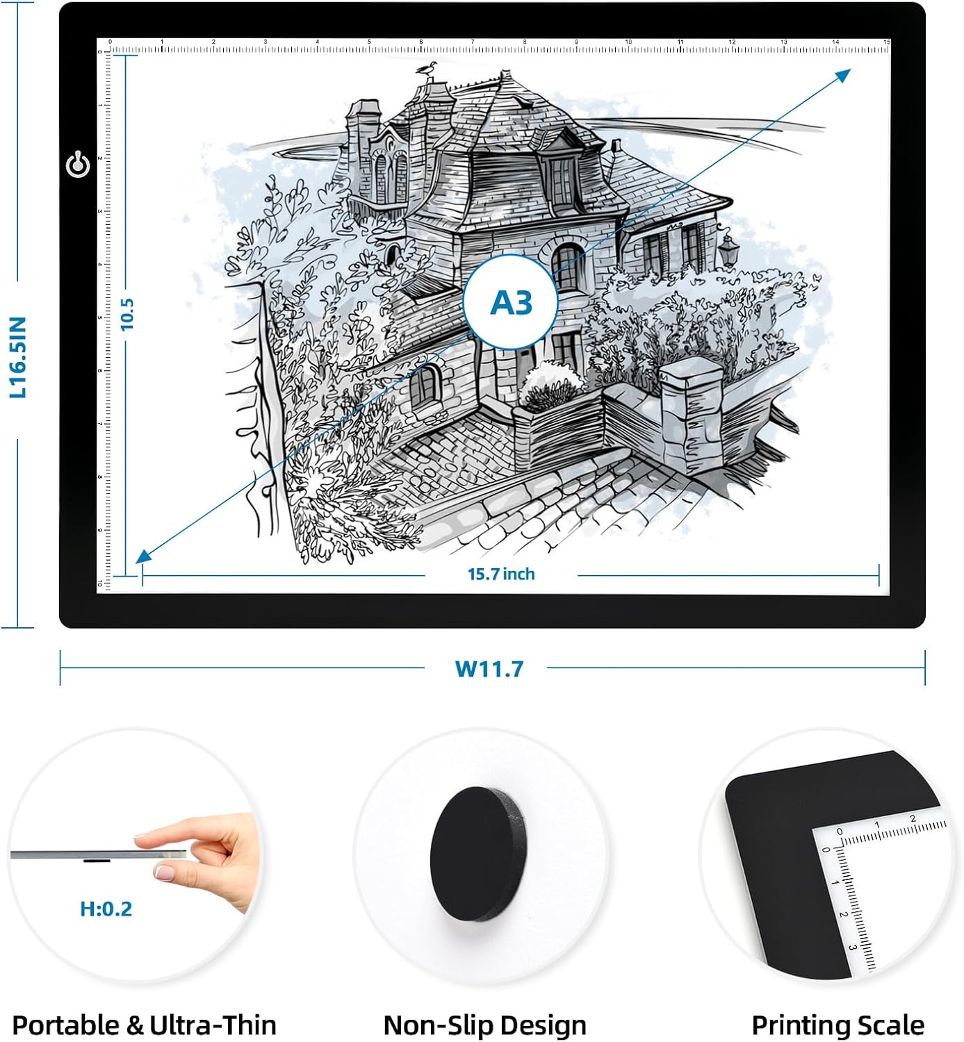 RTjoy A3 Slim LED Light Tracing Box Pad, Adjustable USB Powered Copy Board LED Tablet for Tattoo Transferring,DIY Drawing,Diamond Art,Sketching,Weeding Vinyl Craft