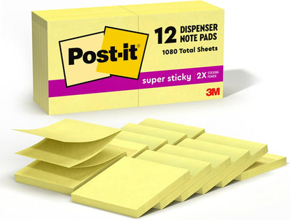 Post-it Super Sticky Dispenser Pop-up Notes, 12 Sticky Note Pads, 3 x 3 in., 2X The Sticking Power, New Year Organization or Second Semester School Supplies, Canary Yellow