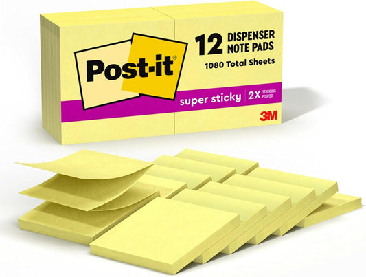 Post-it Super Sticky Dispenser Pop-up Notes, 12 Sticky Note Pads, 3 x 3 in., 2X The Sticking Power, New Year Organization or Second Semester School Supplies, Canary Yellow